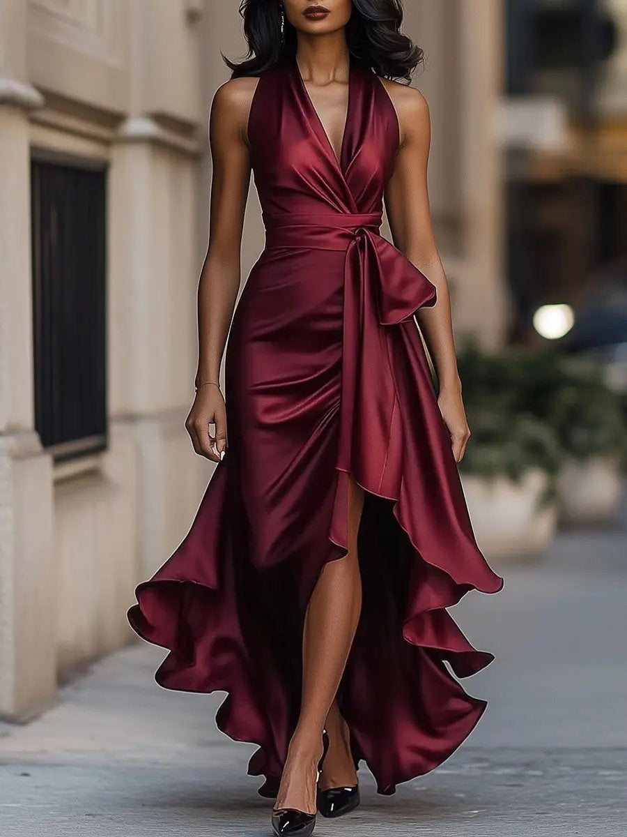 Hazel | Women's Satin Halter Cocktail Dress High-Low Hem