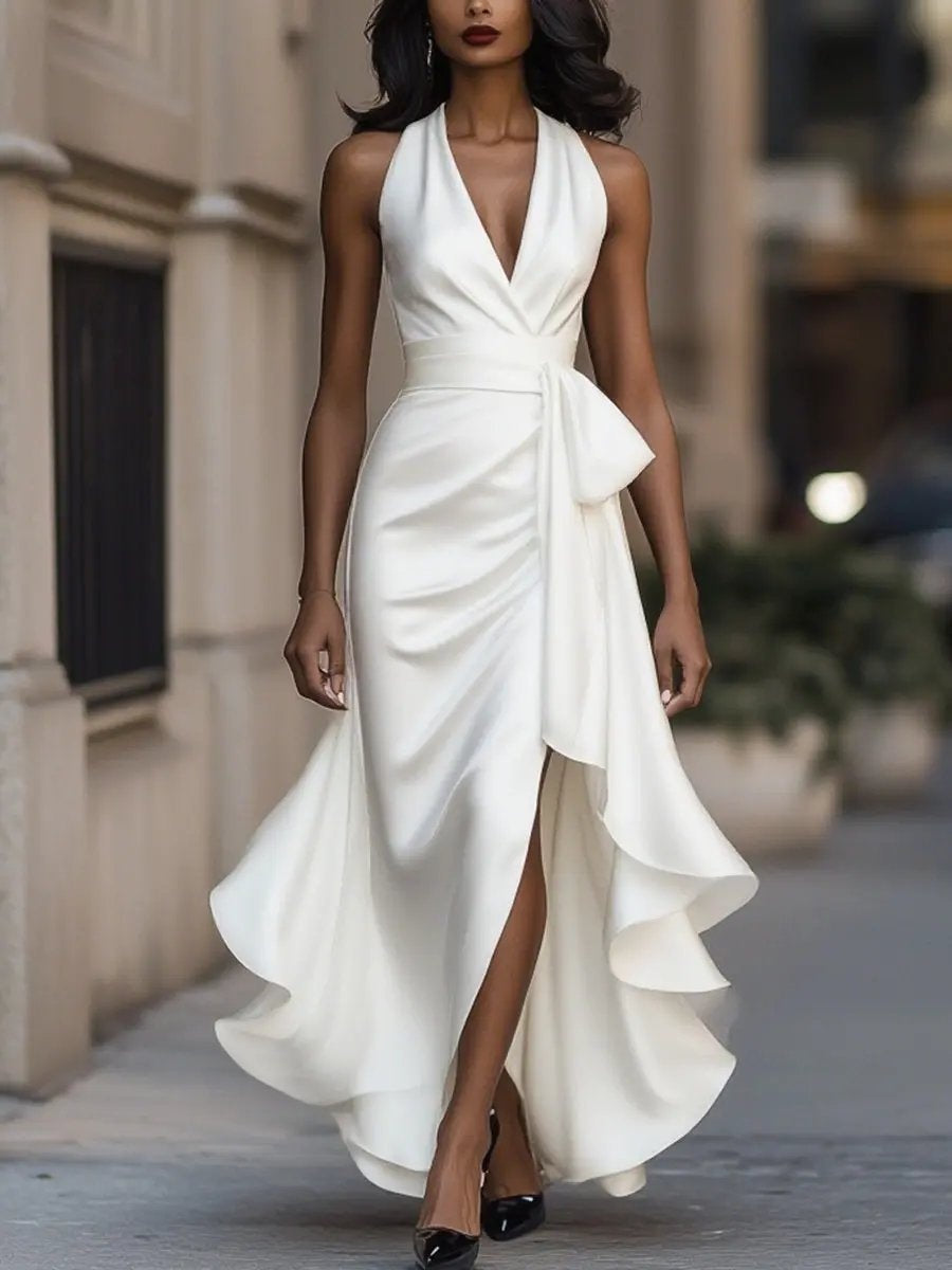 Hazel | Women's Satin Halter Cocktail Dress High-Low Hem