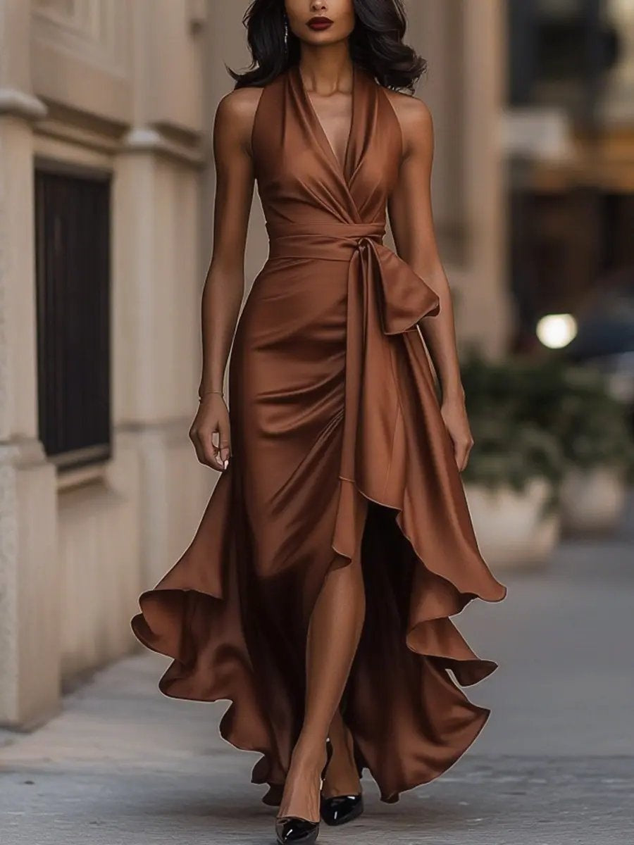 Hazel | Women's Satin Halter Cocktail Dress High-Low Hem