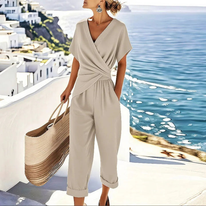 Hazel | Women's Wrap V-Neck Jumpsuit Short Sleeve Cuffed Hem