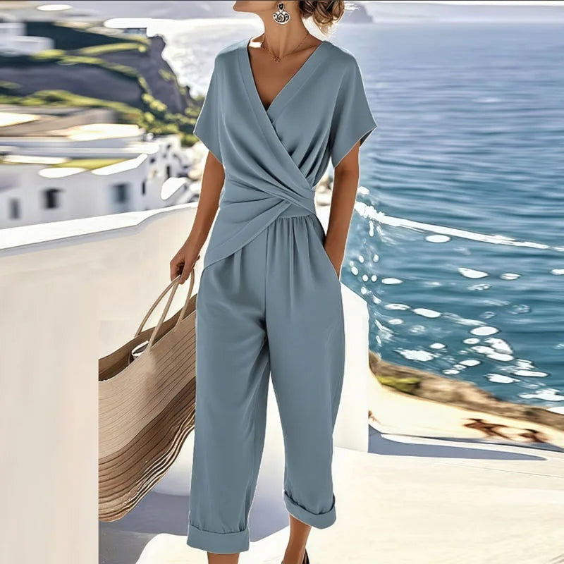Hazel | Women's Wrap V-Neck Jumpsuit Short Sleeve Cuffed Hem
