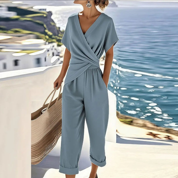 Hazel | Women's Wrap V-Neck Jumpsuit Short Sleeve Cuffed Hem