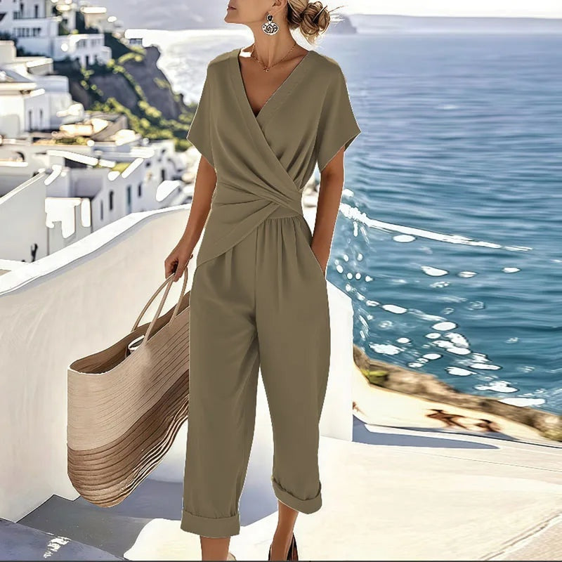 Hazel | Women's Wrap V-Neck Jumpsuit Short Sleeve Cuffed Hem
