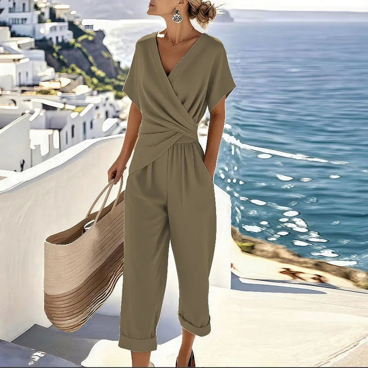 Hazel | Women's Wrap V-Neck Jumpsuit Short Sleeve Cuffed Hem