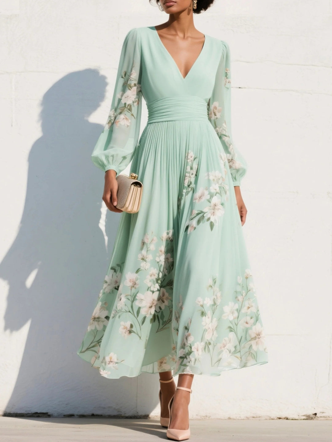 Isabella | Women's Floral Midi Dress Long Sleeve Chiffon Cocktail