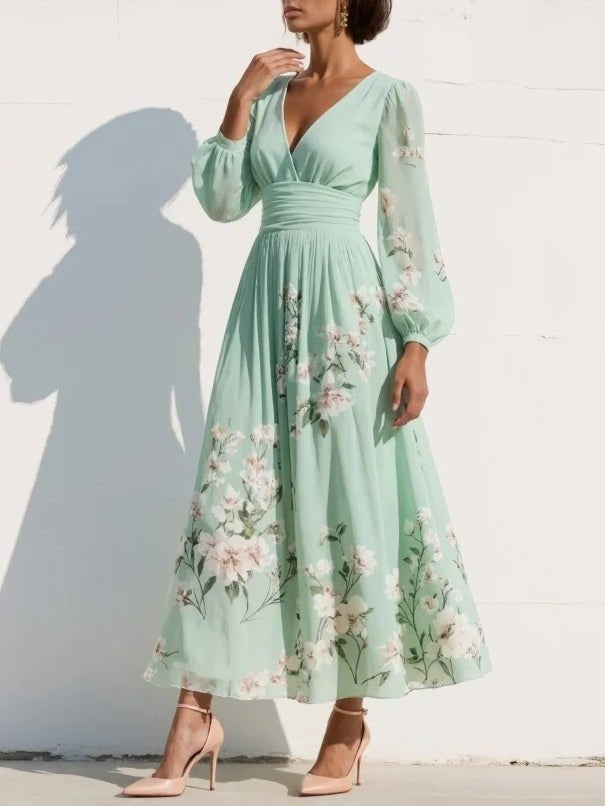 Isabella | Women's Floral Midi Dress Long Sleeve Chiffon Cocktail