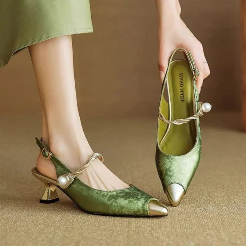Isabella | Women's Kitten Heels Slingback Pumps with Pearl Strap