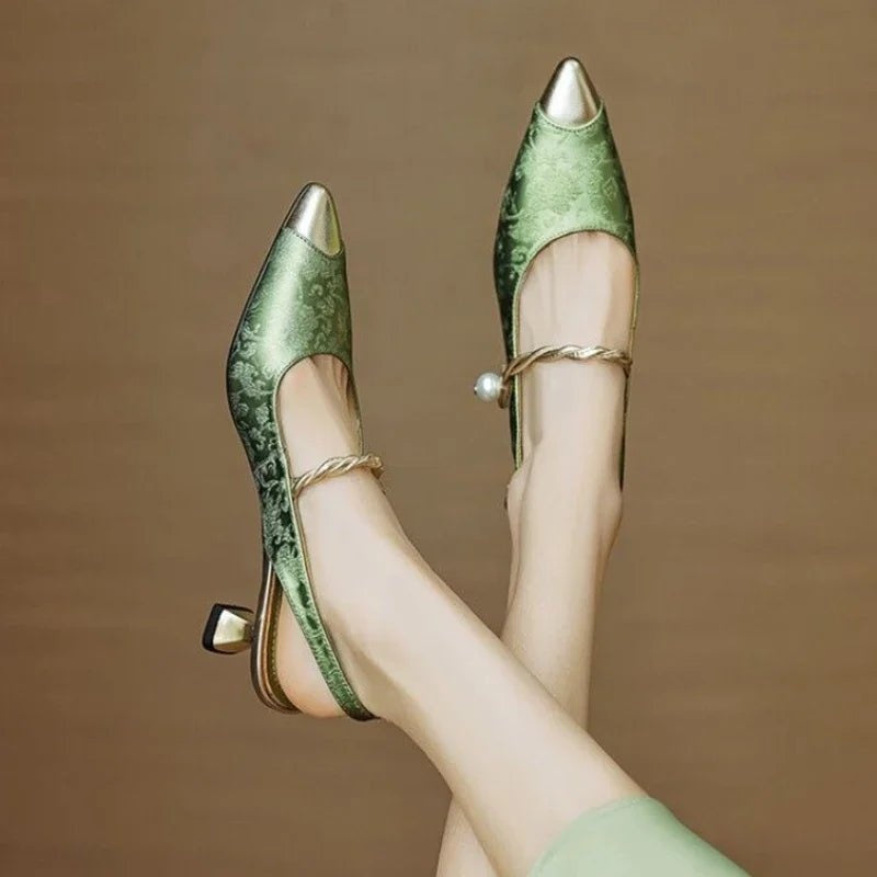 Isabella | Women's Kitten Heels Slingback Pumps with Pearl Strap