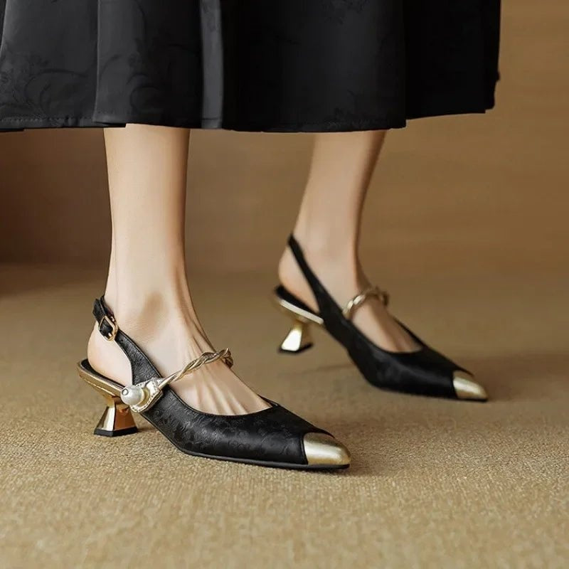 Isabella | Women's Kitten Heels Slingback Pumps with Pearl Strap