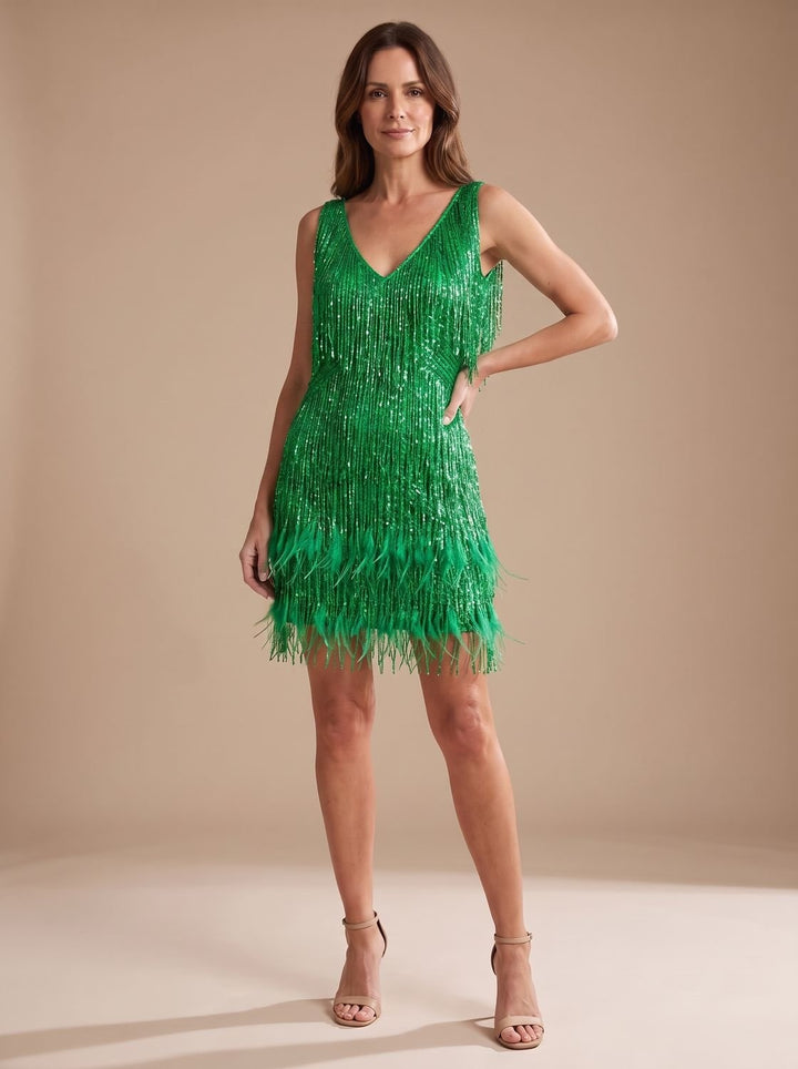 Isabella | Women's Sequin Fringe Cocktail Dress with Feather Hem