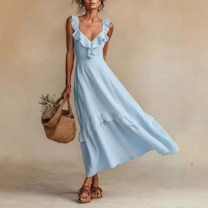 Jessica | Women's Linen Maxi Dress Sleeveless with Ruffle Trim