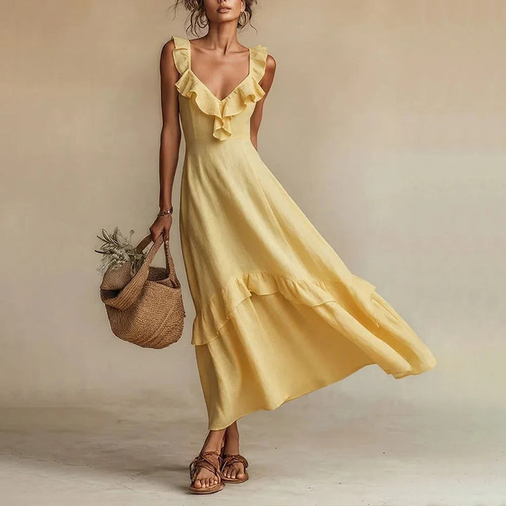 Jessica | Women's Linen Maxi Dress Sleeveless with Ruffle Trim