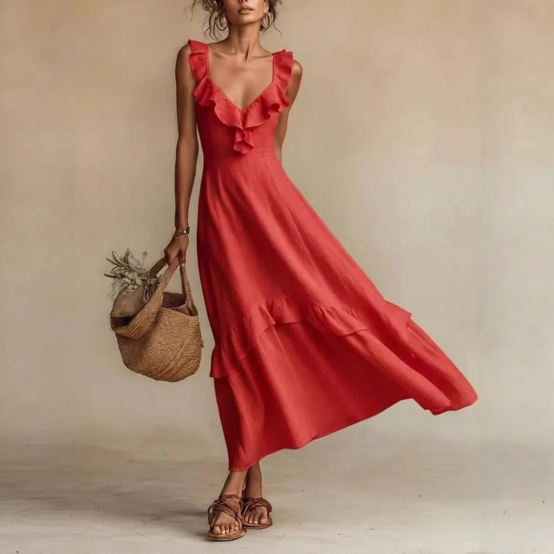 Jessica | Women's Linen Maxi Dress Sleeveless with Ruffle Trim