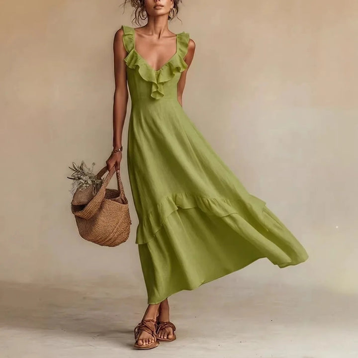 Jessica | Women's Linen Maxi Dress Sleeveless with Ruffle Trim