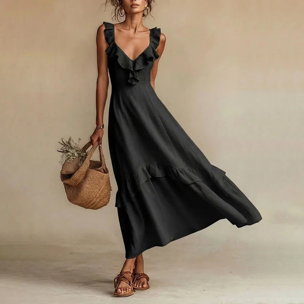 Jessica | Women's Linen Maxi Dress Sleeveless with Ruffle Trim