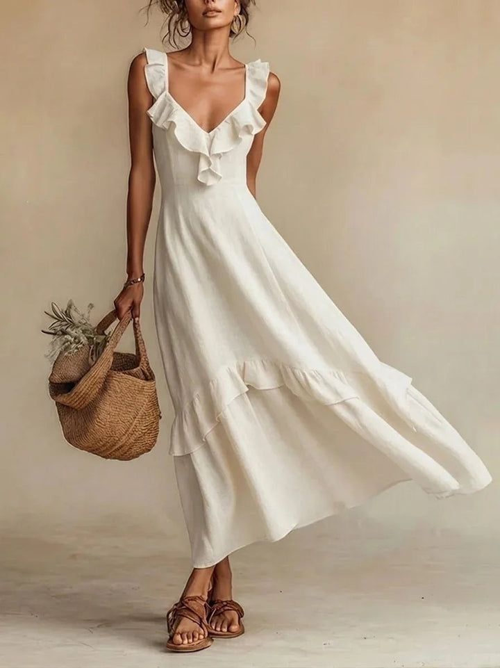 Jessica | Women's Linen Maxi Dress Sleeveless with Ruffle Trim