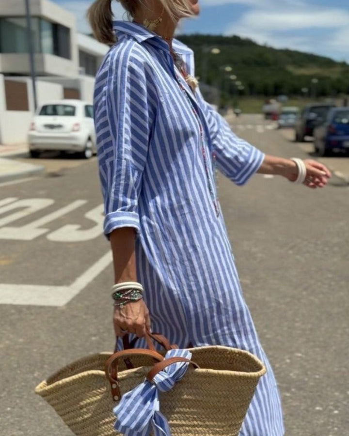 Jessica | Women's Striped Linen Shirt Dress Midi