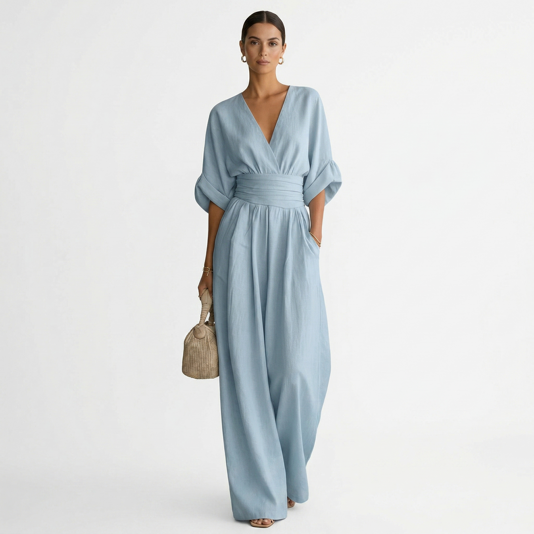 Josephine | Women's Linen Jumpsuit V Neck Belted Wide Leg