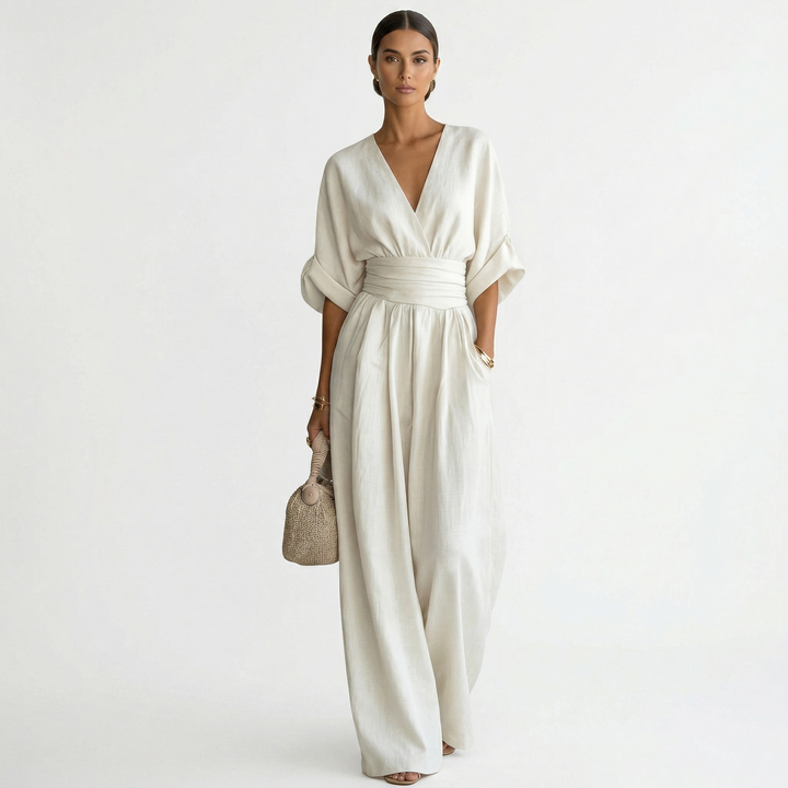 Josephine | Women's Linen Jumpsuit V Neck Belted Wide Leg