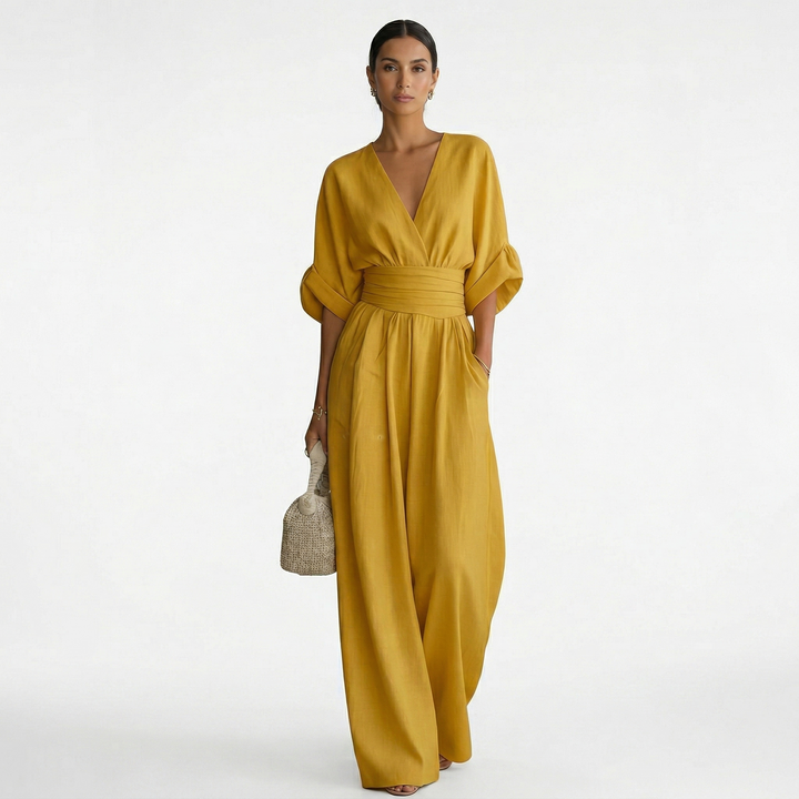 Josephine | Women's Linen Jumpsuit V Neck Belted Wide Leg