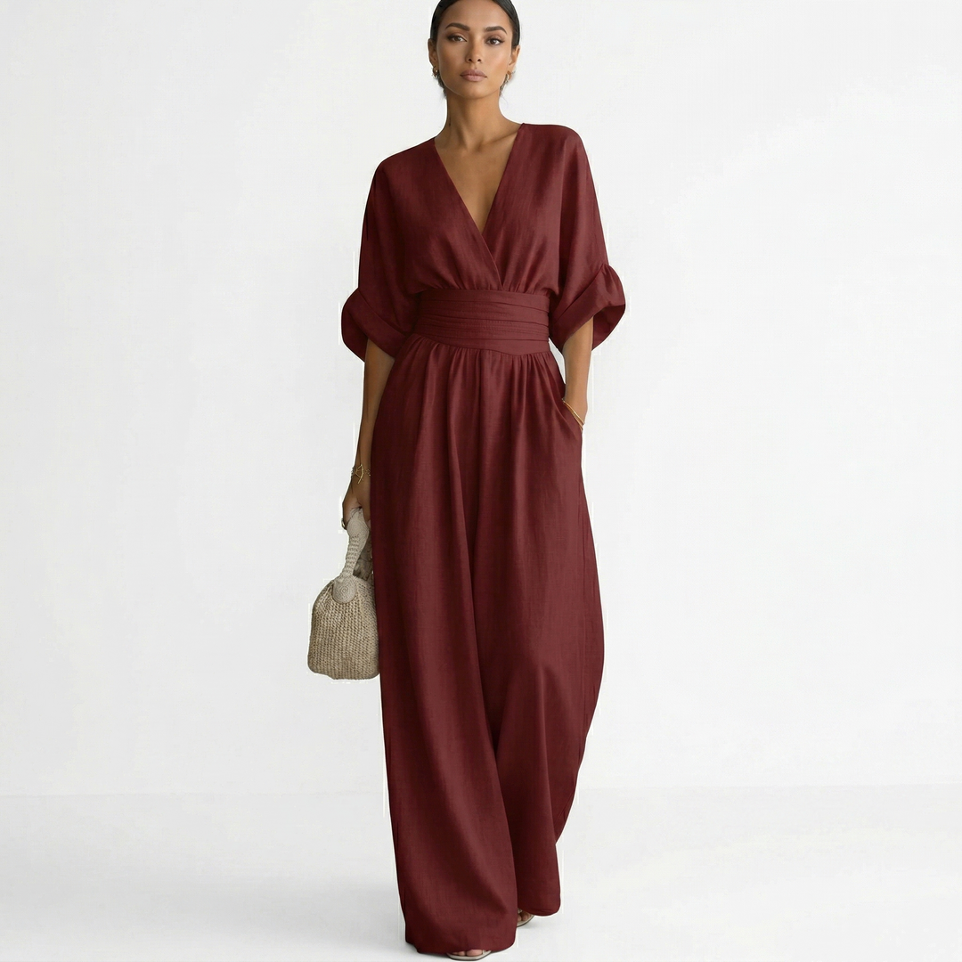 Josephine | Women's Linen Jumpsuit V Neck Belted Wide Leg