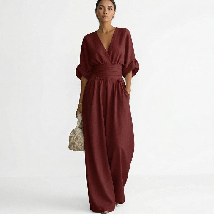 Josephine | Women's Linen Jumpsuit V Neck Belted Wide Leg