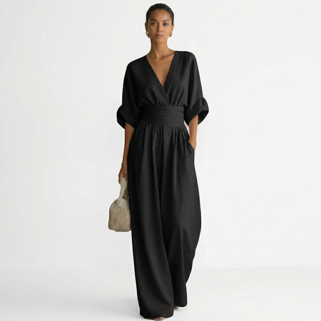 Josephine | Women's Linen Jumpsuit V Neck Belted Wide Leg