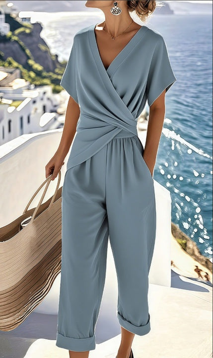 Josephine | Women's Linen Pant Set V-Neck Top and Cropped Pants