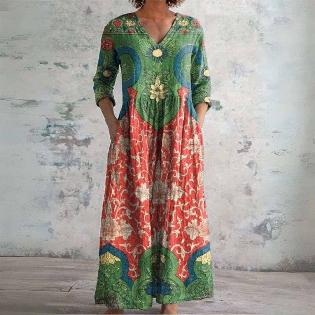Layla | Women's Floral Maxi Dress Linen Look with Pockets