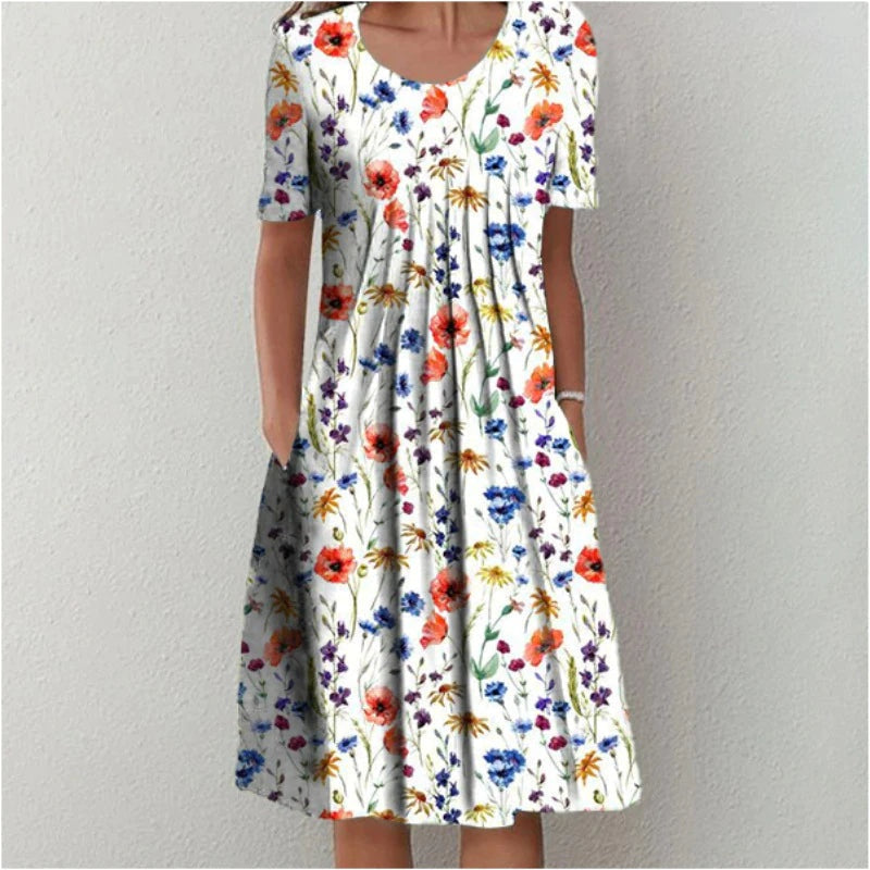 Layla | Women's Floral Midi Dress Short Sleeve with Pockets