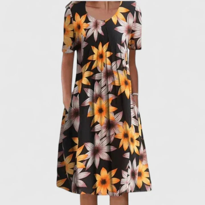 Layla | Women's Floral Midi Dress Short Sleeve with Pockets