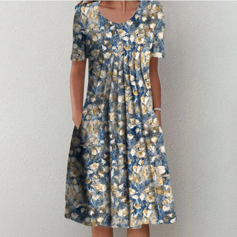 Layla | Women's Floral Midi Dress Short Sleeve with Pockets