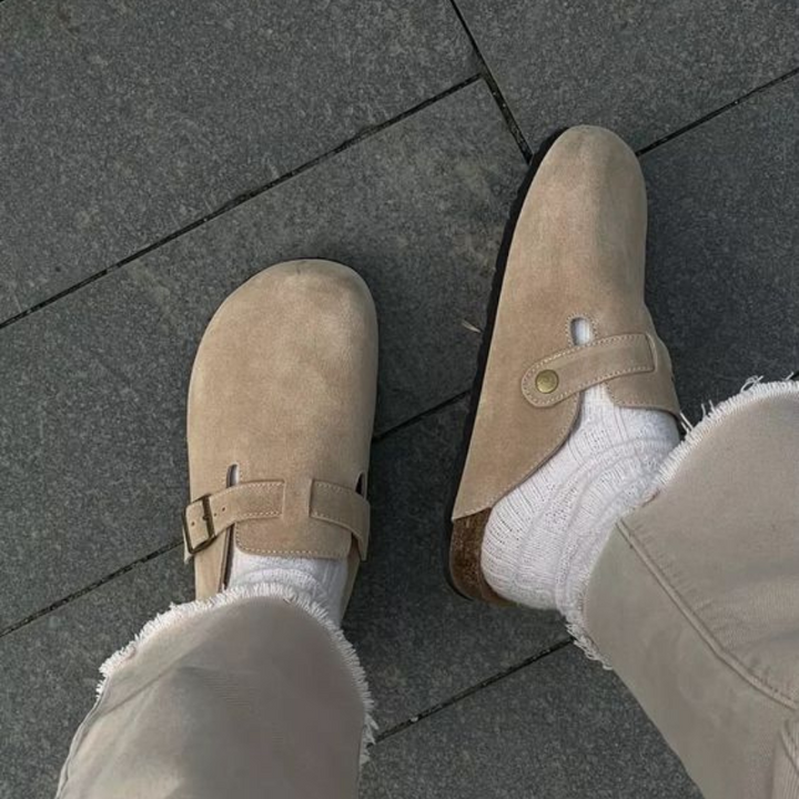 Leah | Women's Leather Clogs Cork Footbed with Buckle Strap