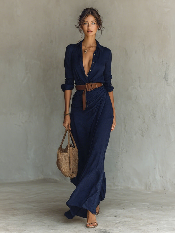 Leah | Women's Linen-Look Maxi Shirt Dress Long Sleeve