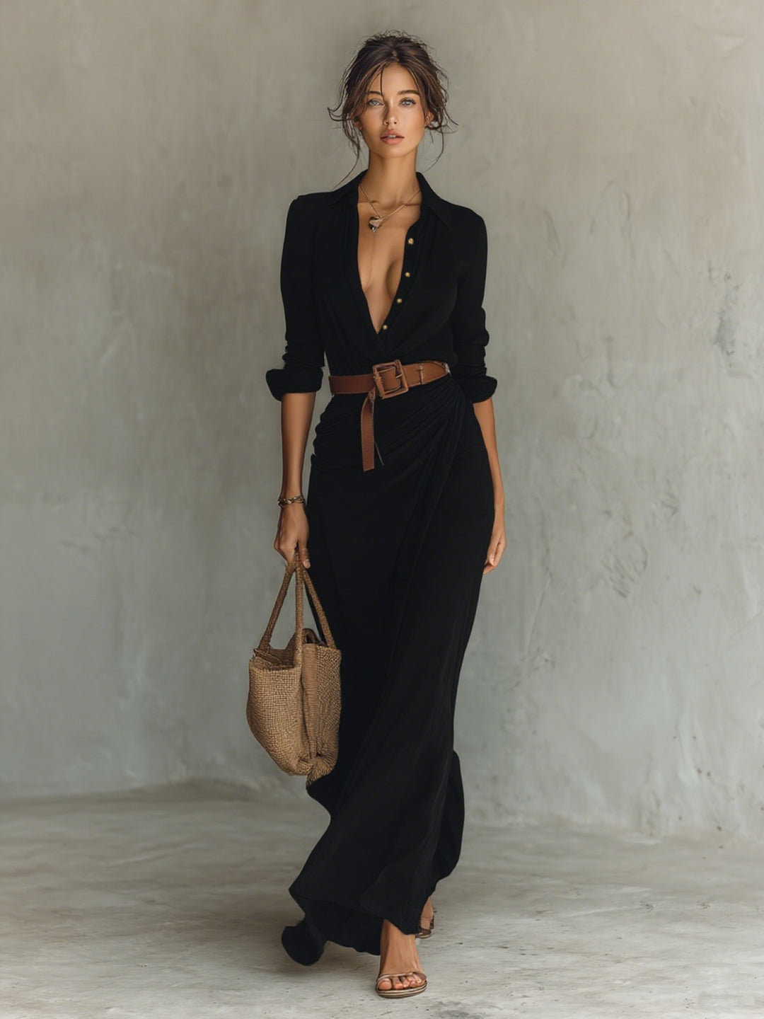 Leah | Women's Linen-Look Maxi Shirt Dress Long Sleeve