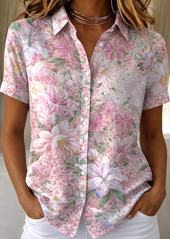 Lillian | Women's Floral Short Sleeve Button Up Shirt Blouse