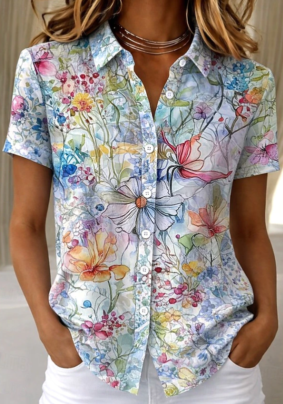 Lillian | Women's Floral Short Sleeve Button Up Shirt Blouse