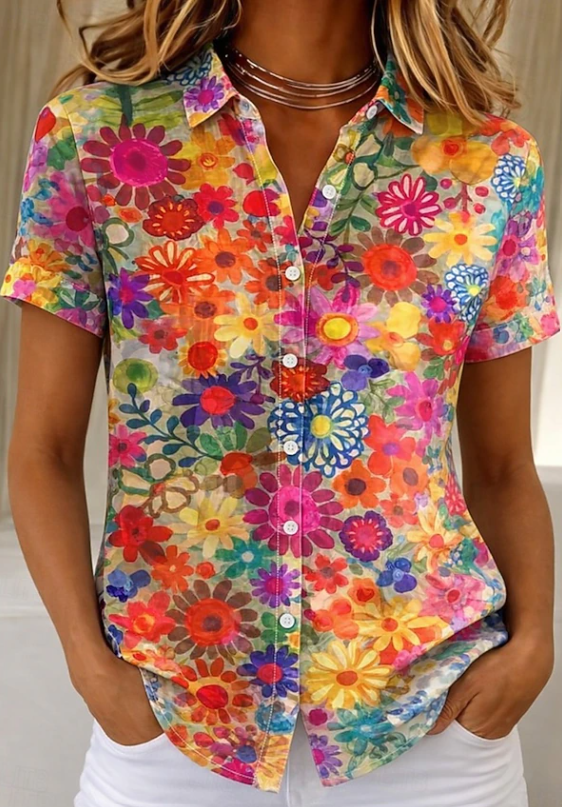 Lillian | Women's Floral Short Sleeve Button Up Shirt Blouse