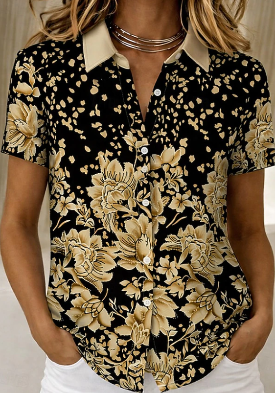 Lillian | Women's Floral Short Sleeve Button Up Shirt Blouse