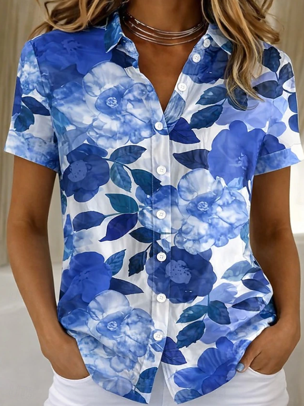 Lillian | Women's Floral Short Sleeve Button Up Shirt Blouse