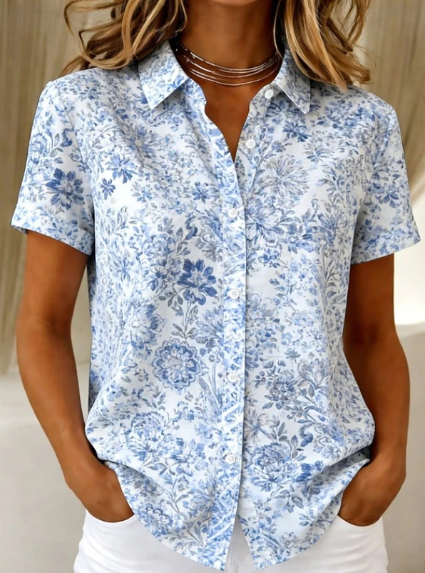 Lillian | Women's Floral Short Sleeve Button Up Shirt Blouse