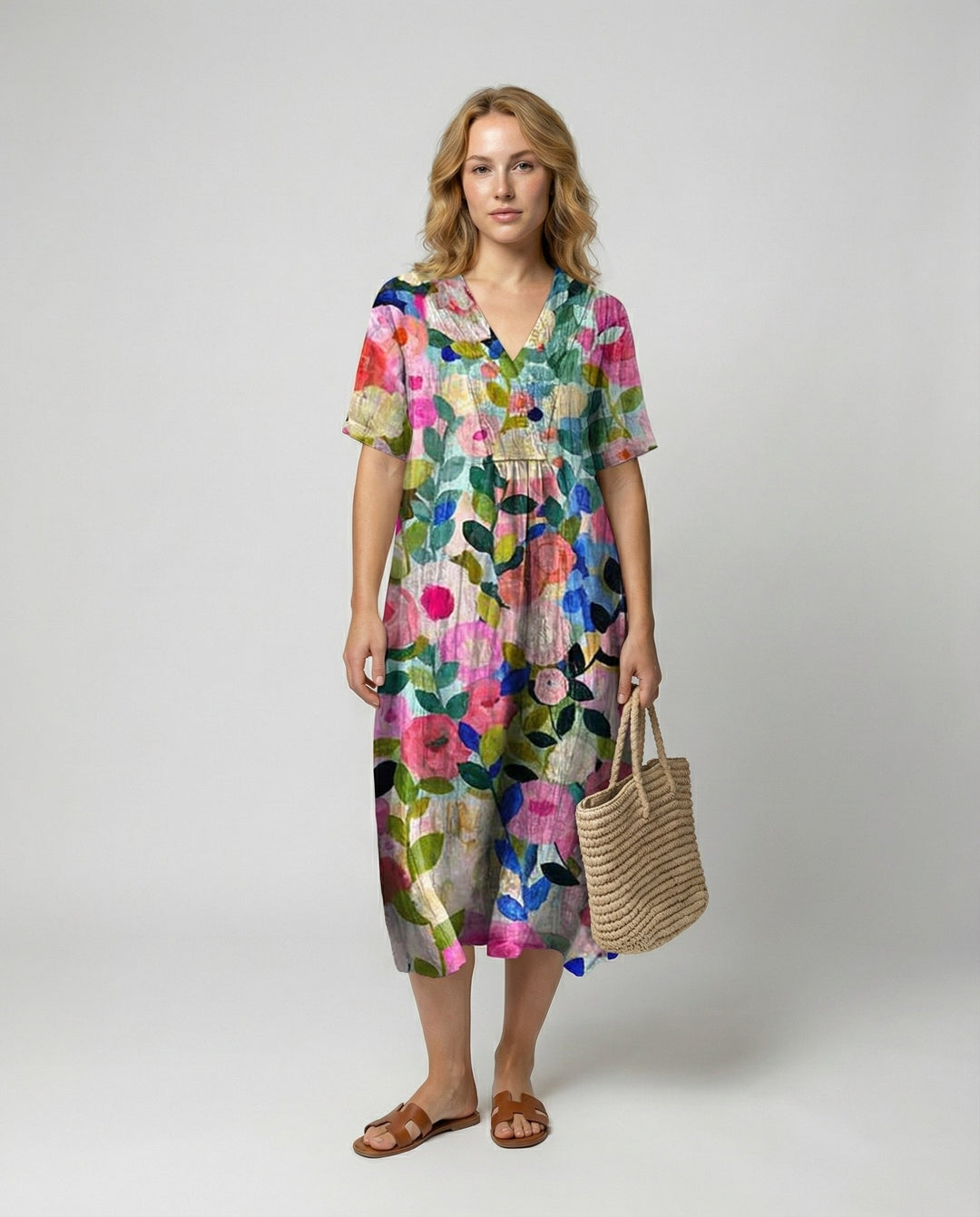 Lily | Women's Floral Midi Summer Dress with V-Neck Short Sleeve
