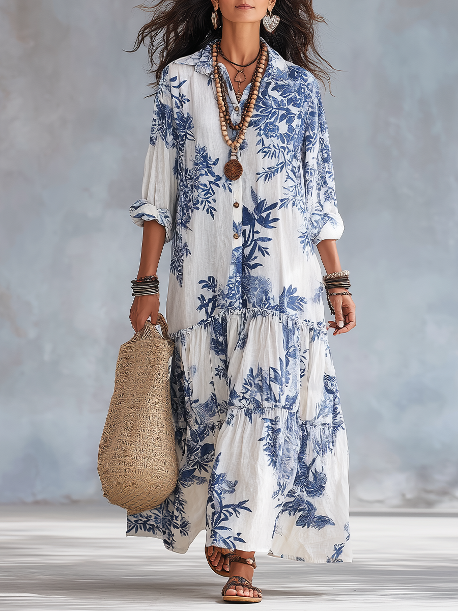 Maya | Women's Floral Maxi Shirt Dress Long Sleeve Tiered