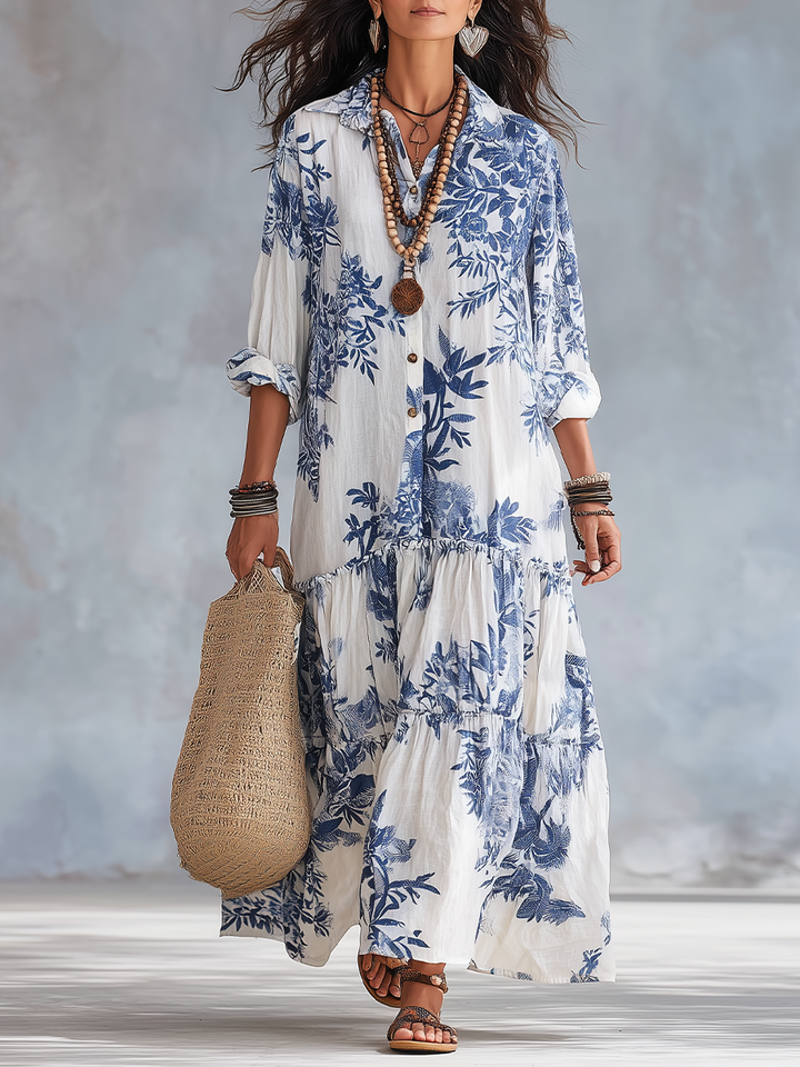 Maya | Women's Floral Maxi Shirt Dress Long Sleeve Tiered