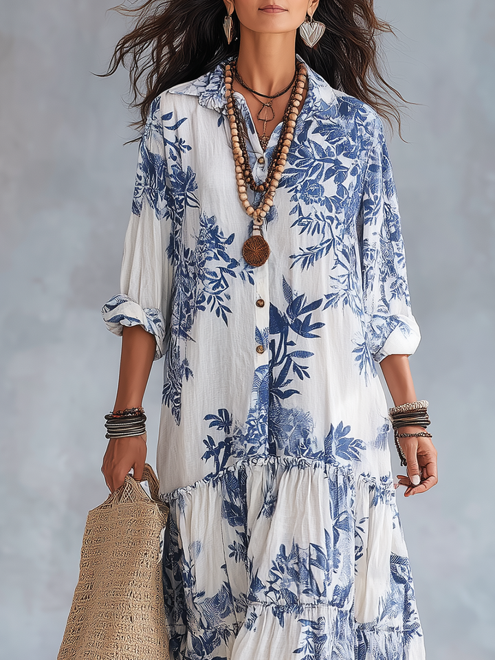 Maya | Women's Floral Maxi Shirt Dress Long Sleeve Tiered