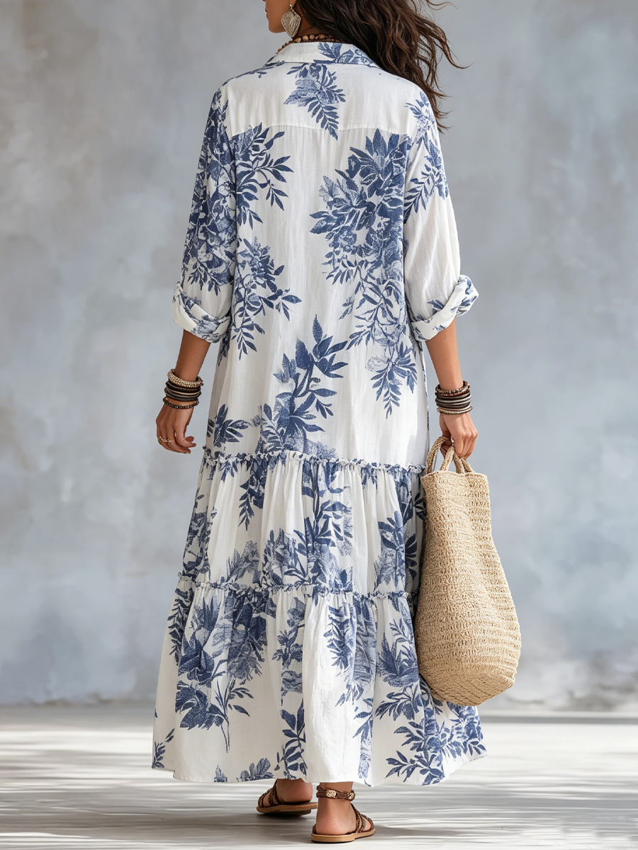 Maya | Women's Floral Maxi Shirt Dress Long Sleeve Tiered
