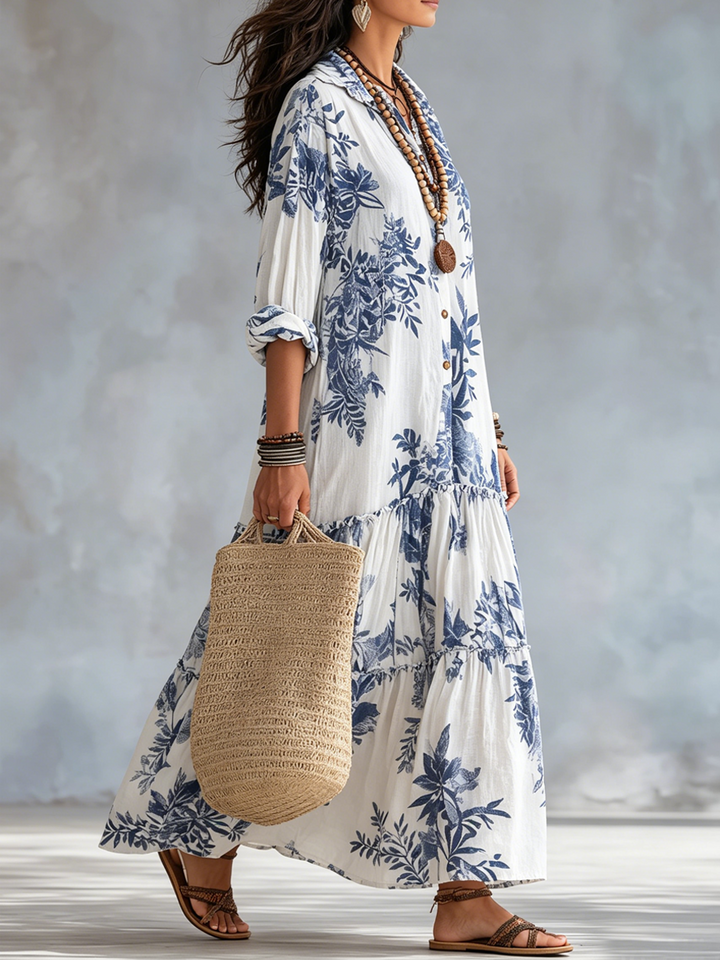 Maya | Women's Floral Maxi Shirt Dress Long Sleeve Tiered