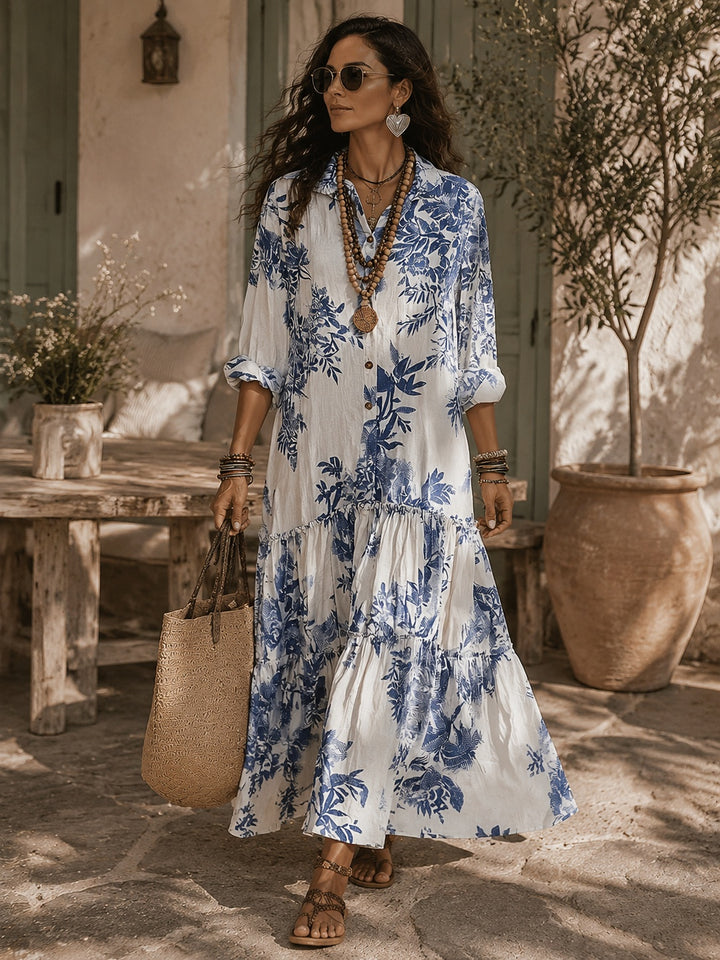 Maya | Women's Floral Maxi Shirt Dress Long Sleeve Tiered