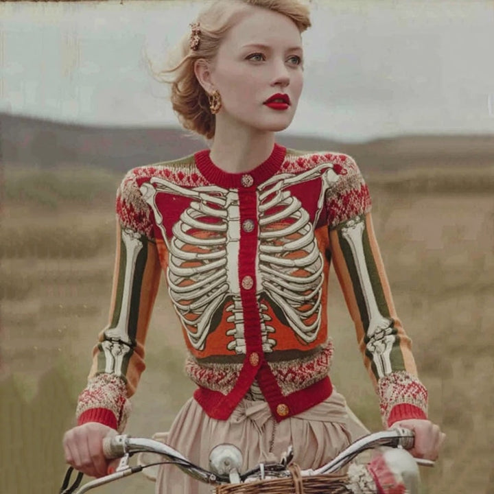 Nora | Women's Chunky Knit Cardigan Skeleton Pattern Button Front