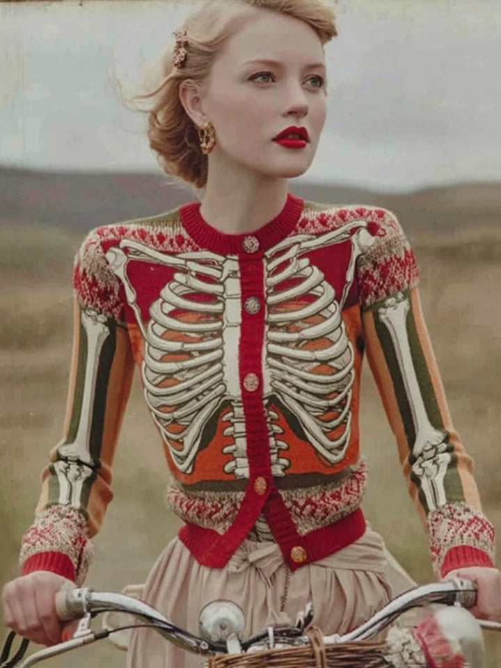 Nora | Women's Chunky Knit Cardigan Skeleton Pattern Button Front